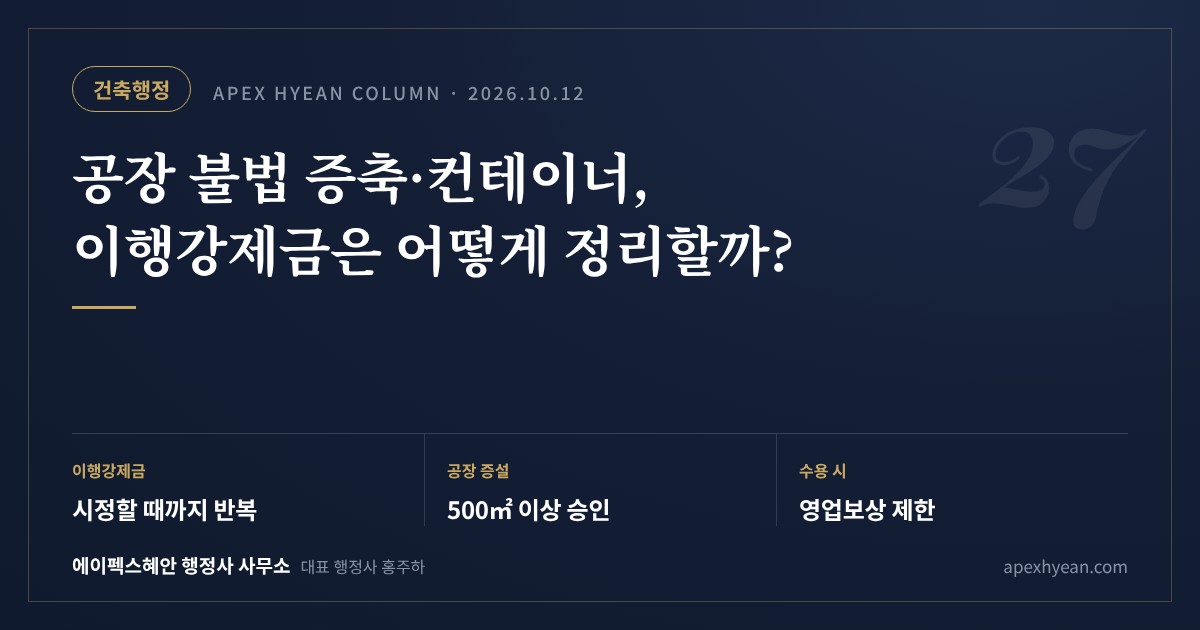 공장 불법 증축·컨테이너, 이행강제금은 어떻게 정리할까? — 핵심 요약: 시정할 때까지 반복 부과 / 500㎡ 이상 공장 증설은 승인 / 무허가건축물 영업은 보상 제외