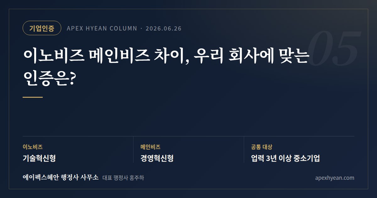 이노비즈 메인비즈 차이, 우리 회사에 맞는 인증은? — 핵심 요약: 이노비즈 기술혁신형 / 메인비즈 경영혁신형 / 공통 대상 업력 3년 이상 중소기업