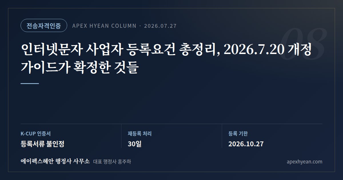 인터넷문자 사업자 등록요건 총정리, 2026.7.20 개정 가이드가 확정한 것들 — 핵심 요약: K-CUP 인증서 등록서류 불인정 / 재등록 처리 30일 / 등록 기한 2026.10.27