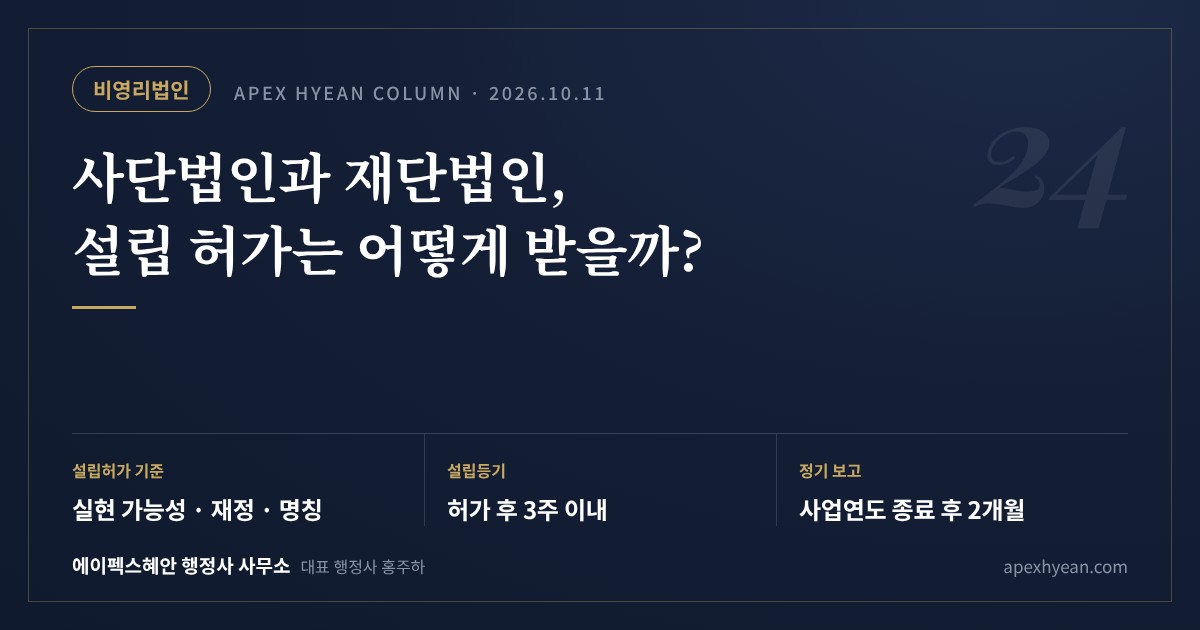 사단법인과 재단법인, 설립 허가는 어떻게 받을까? — 핵심 요약: 설립허가 기준 실현 가능성·재정·명칭 / 허가 후 3주 이내 설립등기 / 사업연도 종료 후 2개월 내 보고