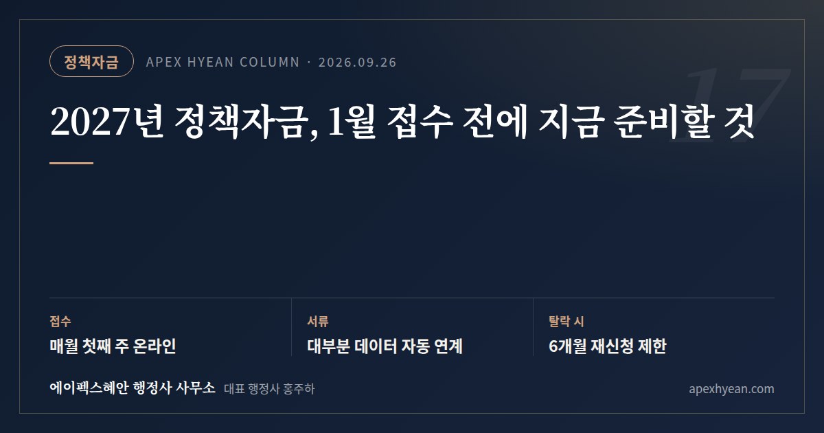 2027년 정책자금, 1월 접수 전에 지금 준비할 것 — 핵심 요약: 접수 매월 첫째 주 온라인 / 서류 대부분 데이터 자동 연계 / 탈락 시 6개월 재신청 제한
