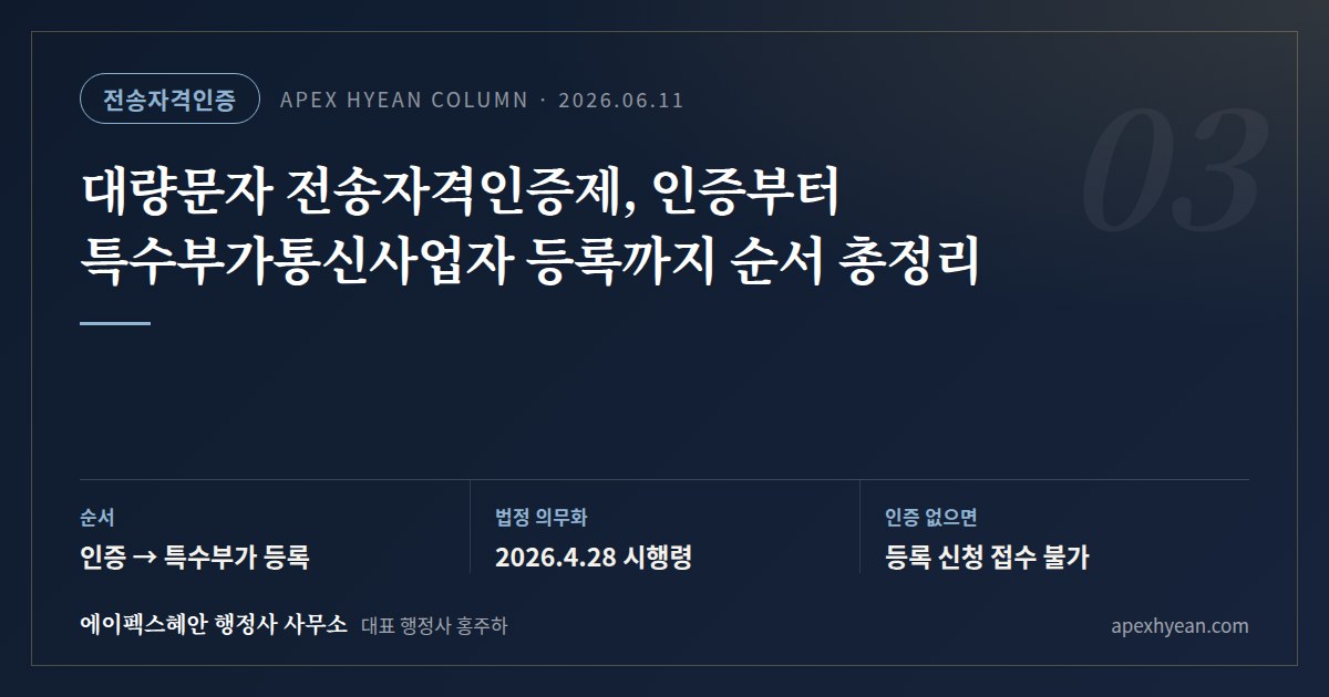 대량문자 전송자격인증제, 인증부터 특수부가통신사업자 등록까지 순서 총정리 — 핵심 요약: 순서 인증 → 특수부가 등록 / 법정 의무화 2026.4.28 시행령 / 인증 없으면 등록 신청 접수 불가