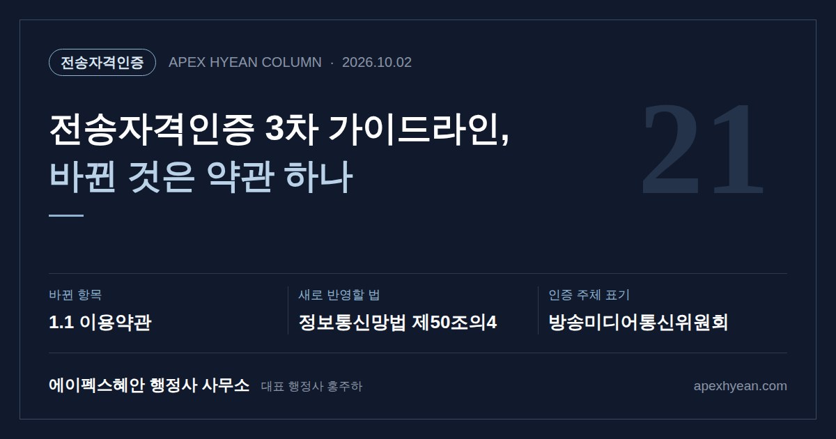 전송자격인증 3차 가이드라인, 바뀐 것은 약관 하나 — 바뀐 항목 1.1 이용약관, 새로 반영할 법 정보통신망법 제50조의4, 인증 주체 표기 방송미디어통신위원회